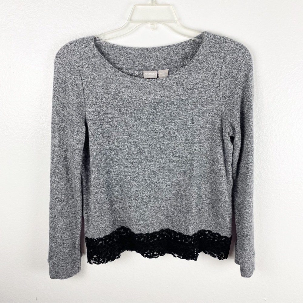 CHICO’S ZENERGY Gray Long Sleeves Lace Trim Top Size Small Casual Neutral Comfy